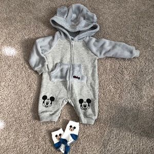 Mickey fleece one piece and socks 0-3 months